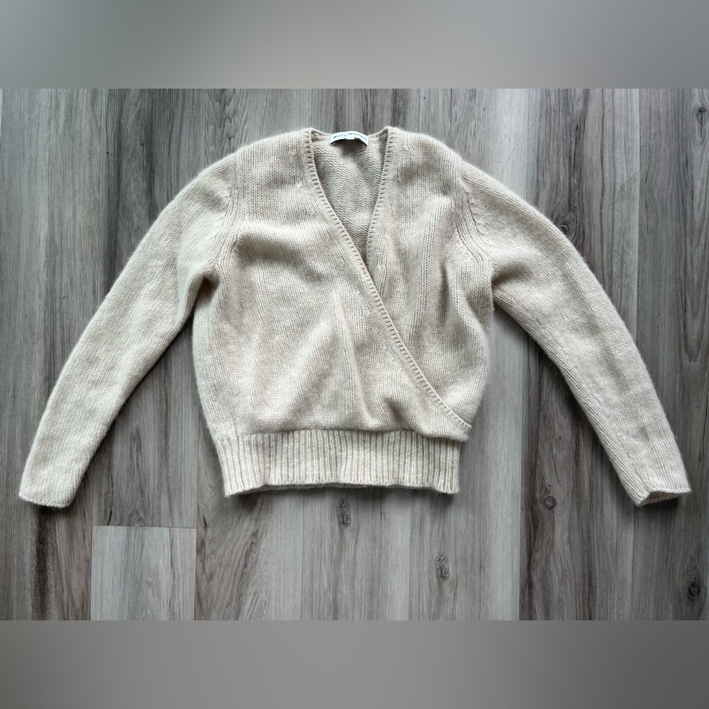 White + Warren Small Cream 100% Cashmere V Neck Faux Wrap Sweater